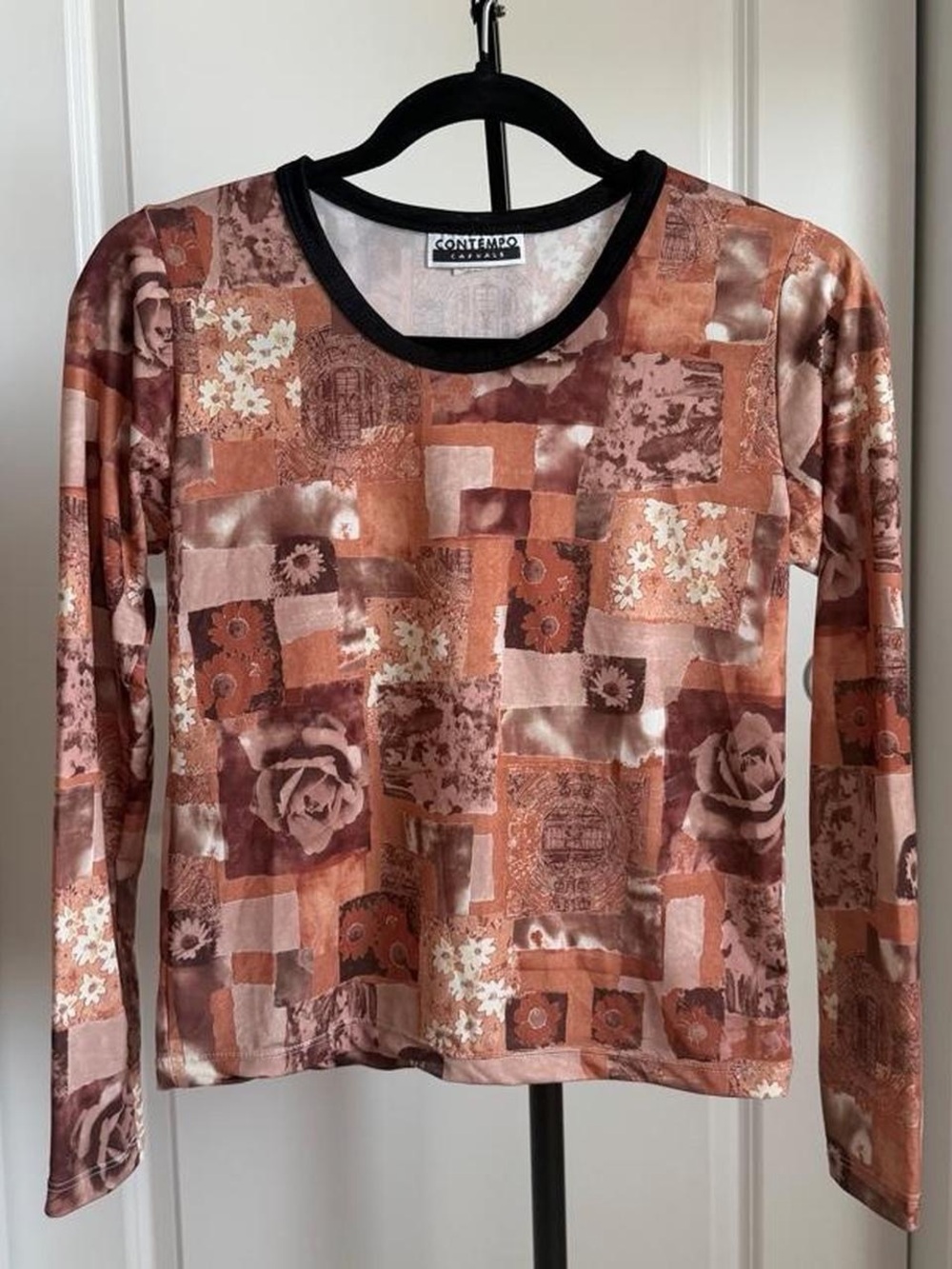 Women's Y2K Long Sleeve Patchwork Print Top - Rust Pink